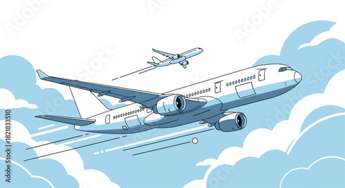 Two commercial passenger airplanes flying through a blue sky filled with fluffy white clouds in a vector illustration.