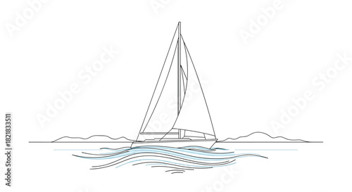 Minimalist one-line drawing of a sailboat on the water with a simple horizon in the background for a clean design.
