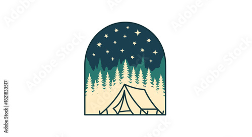 Camping scene illustration with tent and forest under starry night sky