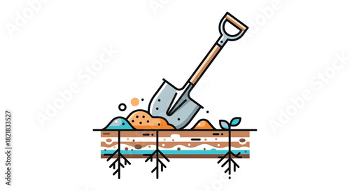 Shovel digging into a cross-section of soil with plant roots and water layers in a simple line art illustration.