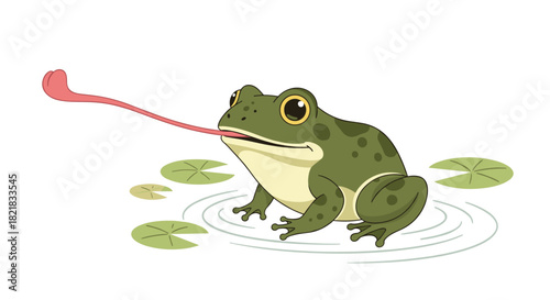 Green frog sitting on a lily pad in a pond sticking its long pink tongue out to catch a fly on a white background.