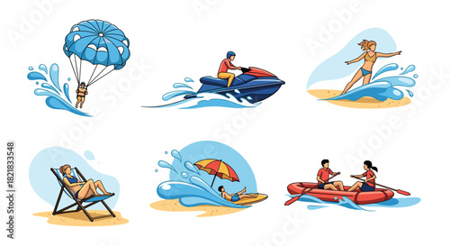 Set of six summer beach activities including parasailing jet skiing surfing sunbathing and rafting in vector illustrations.