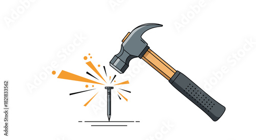 Claw hammer hitting a metal nail with orange sparks flying representing construction repair or building on a white background.