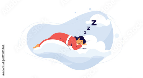 Young woman in red pajamas sleeping peacefully on a fluffy white cloud symbolizing rest relaxation and sweet dreams at night.