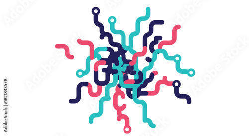 Abstract vector graphic with tangled colorful rounded lines creating a complex network or metro map on a white background.