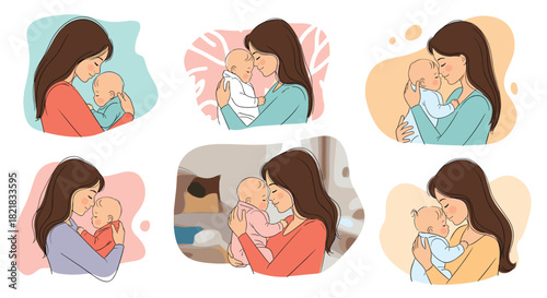 Set of six tender illustrations showing a loving mother holding her newborn baby with affection for Mother's Day concepts.