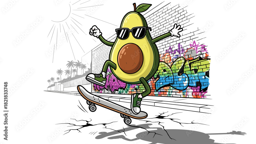 Naklejka premium Cartoon avocado on skateboard performing tricks by graffiti wall