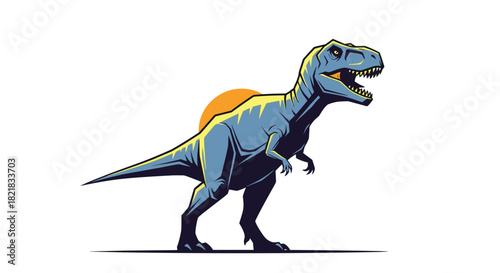 Powerful Tyrannosaurus Rex dinosaur roaring with a yellow sun in the background in a stylized vector art illustration.