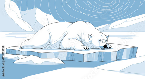 Line art illustration of a large polar bear sleeping peacefully on a floating ice floe in the cold arctic environment.