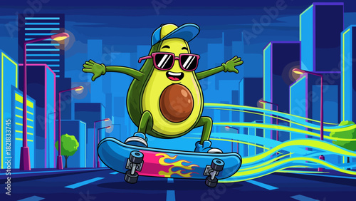Cartoon avocado on skateboard skating through city at night with abstract trails