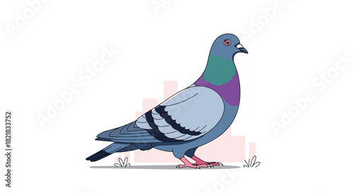 Simple cartoon illustration of a common city pigeon or rock dove standing on the ground on a clean white background.