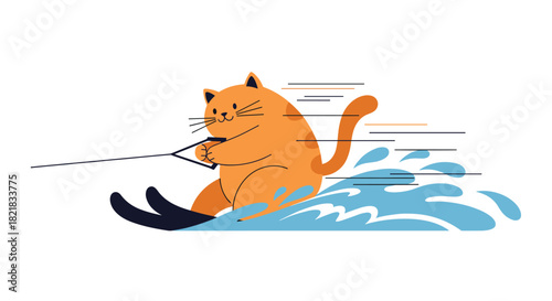 Funny cartoon illustration of a chubby ginger cat having fun while water skiing across blue waves on a summer vacation.