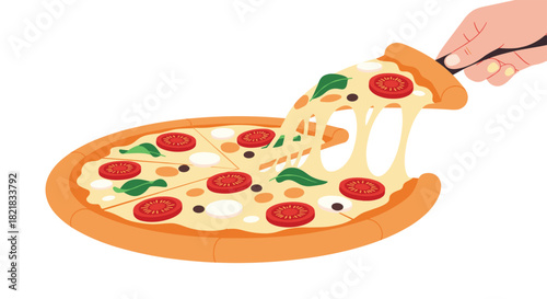 Hand lifting a hot slice of margherita pizza with stringy melted cheese from the whole pie on a white background.