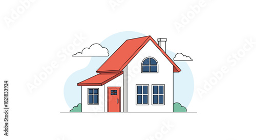 Simple line art illustration of a cozy suburban house with a red roof and chimney on a clean white background design.