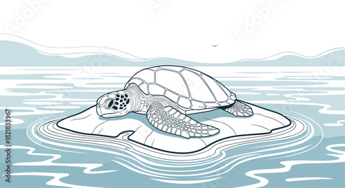 Beautiful line art illustration of a sea turtle resting on a small island in the calm ocean water with distant hills.