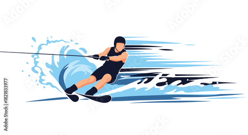 Dynamic vector illustration of a man water skiing at high speed creating a large splash on a clean white background design.