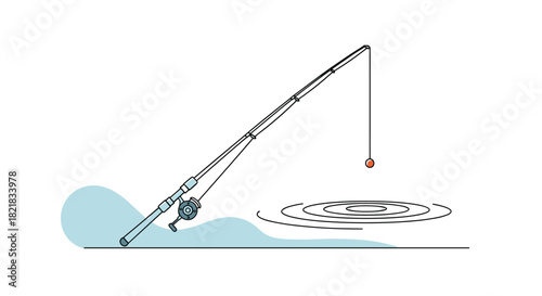 Minimalist line art illustration of a fishing rod cast into calm water with ripples forming around the bait or bobber.