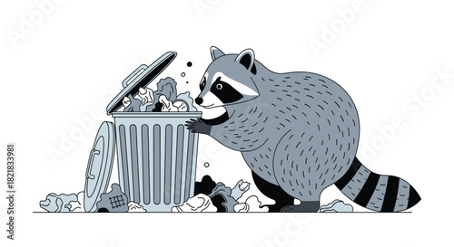 Curious and chubby raccoon digging through a full metal trash can looking for food scraps on a clean white background.