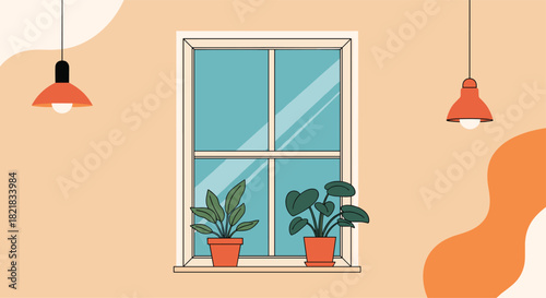 Cozy room interior scene with two green potted plants sitting on a windowsill between two hanging lamps with orange shades.