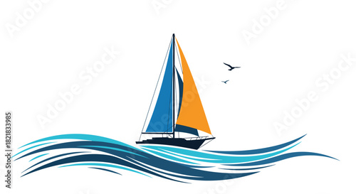 Sailboat with blue and orange sails navigating stylized ocean waves with seagulls flying on a clean white background.