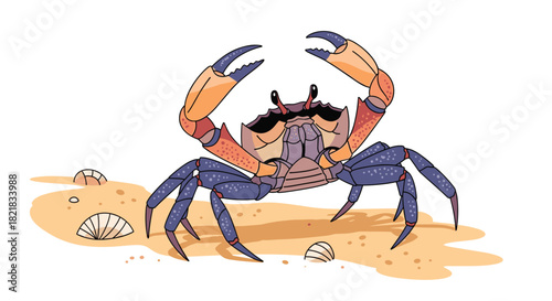 Colorful cartoon crab with large claws and a mustache standing on a sandy beach with shells on a white background.