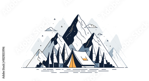 Striking line art landscape of a campsite with a tent in a pine forest below sharp mountain peaks on white background.