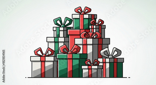 Festive stack of holiday gifts with vibrant ribbons and bows, perfect for Christmas promotions, seasonal greetings, or holiday sales campaigns
