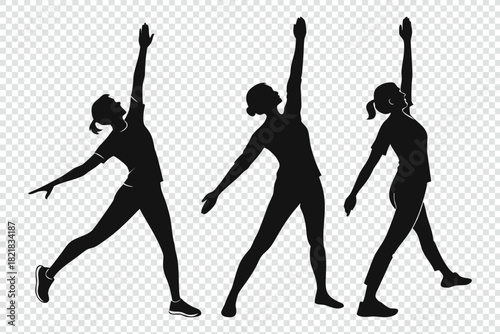 Three silhouetted women in dynamic poses expressing movement and energy