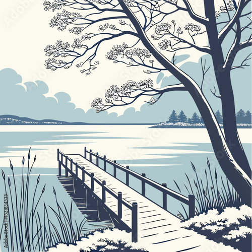 Winter Serenity A Lakeside Pier Scene in Monochrome.