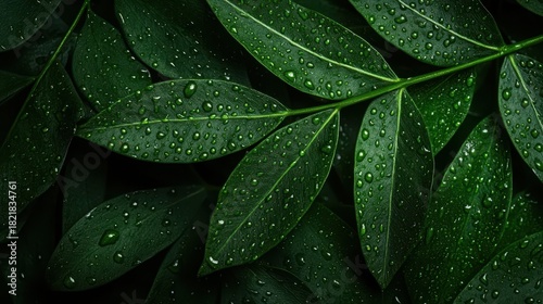 A vibrant arrangement of green leaves adorned with glistening raindrops, conveying a sense of freshness and vitality against a dark background, perfect for nature lovers.