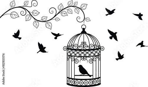 Decorative birdcage silhouette with flying birds, vintage vine ornament, freedom concept, black and white vector, elegant nature design, artistic composition