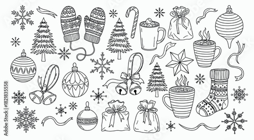 Whimsical hand drawn christmas ornaments and winter decorations collection
