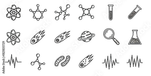 Collection of hand drawn science and space icons representing discovery and research