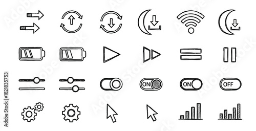 Collection of hand drawn digital interface icons for user experience design and web development