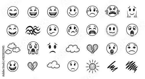 Collection of hand drawn cartoon faces expressing a wide range of emotions and symbols