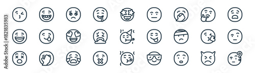 linear smiley icon pack. vector thin line icons collection such as angry, laugh, cry, thinking, vomit, doubt, party, thinking