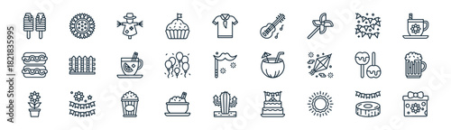 linear festa junina icon pack. vector thin line icons collection such as stage, sunflower, scarecrow, flags, balloons, beer, cactus, gift box