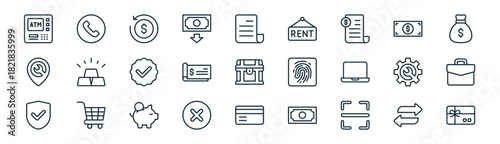 linear payment icon pack. vector thin line icons collection such as transfer, phone, refund, cash, cheque, briefcase, credit card, gift card
