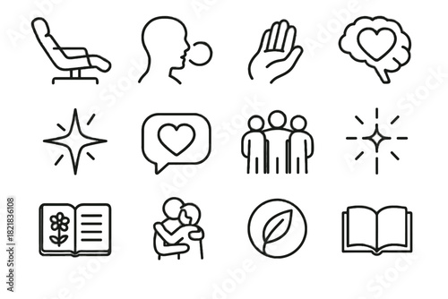Icons brain star psychologist heart icon group support bubble therapy notebook person