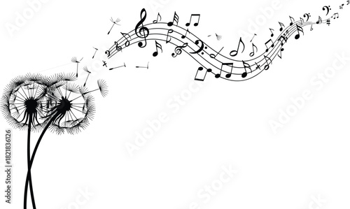 Dandelion blowing in wind, musical notes transformation, nature and music fusion, creative freedom concept, artistic vector, surreal harmony, symbolic illustration