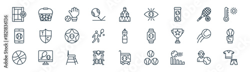 linear tennis elements icon pack. vector thin line icons collection such as tennis player, bucket, baseball, tennis, player, ball, bucket, clothing