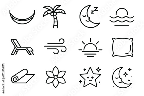 Breeze lounge night meditation cozy relaxation sleeping icon mat vector set calm