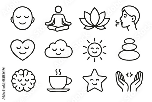 Happy vector emotional wellbeing cloud breathing relaxing icons cup icon exercise flower