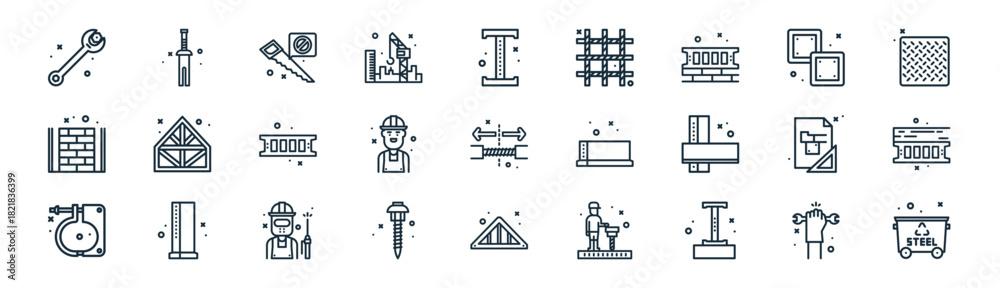 Fototapeta premium linear steelwork icon pack. vector thin line icons collection such as glove, nail, saw, plate, worker, wood, roof, bin
