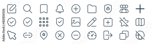 linear user interface icon pack. vector thin line icons collection such as copy, search, bookmark, group, shield, map, minus circle, globe