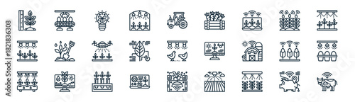 linear smart farm icon pack. vector thin line icons collection such as pig, conveyor, bulb, wheat, leaf, egg, growth, cattle