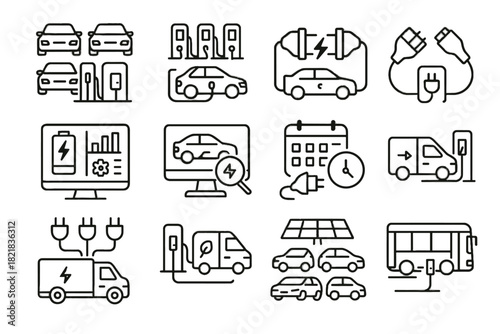 Multiple icon delivery connector vector fleet bus ev dashboard sharing system charging