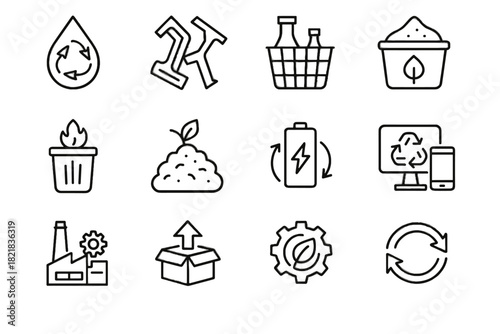 Collection compost icon waste industrial recycling set energy sustainable vector water