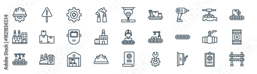 linear factory icon pack. vector thin line icons collection such as maintenance, warning, artificial intellegence, assembling, factory, oil barrel, maintenance, barrier