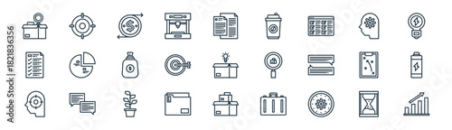 linear productive icon pack. vector thin line icons collection such as hourglass, aim, cash, ting, targeting, battery, box, trendy